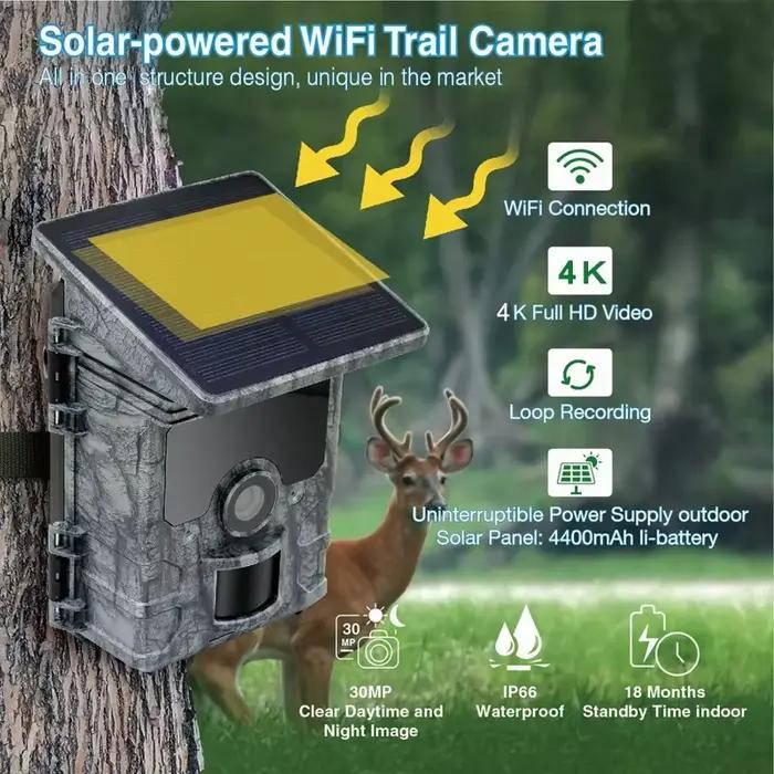 Caméra de chasse 4K WiFi panneau solaire alimentée vision nocturne étanche IP66 pour observation de la faune et chasse nocturne