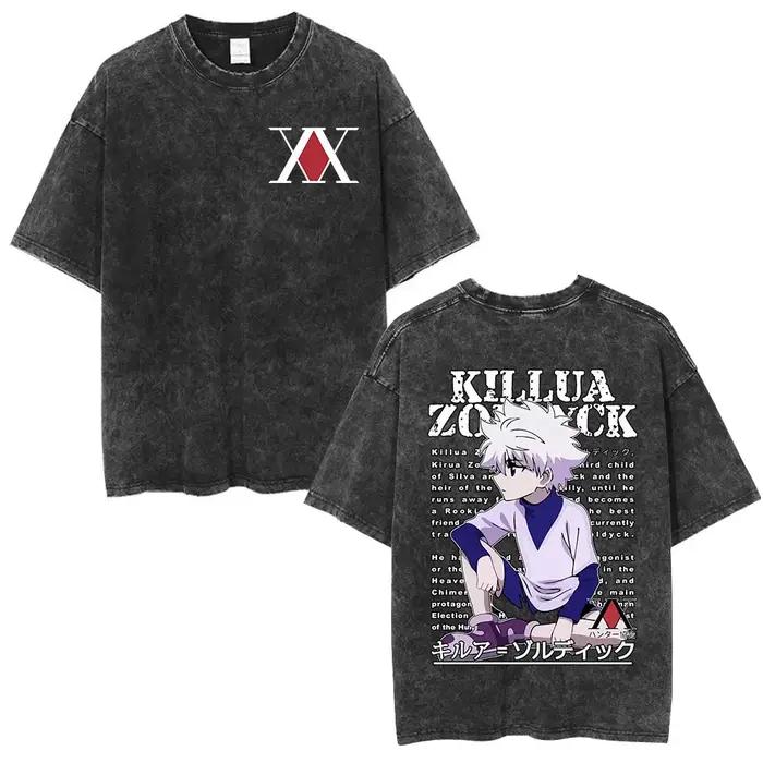 Anime Hunter X Hunter Logo Vintage lavé T-shirt Killua Gon fleur de cerisier graphique T-shirt homme