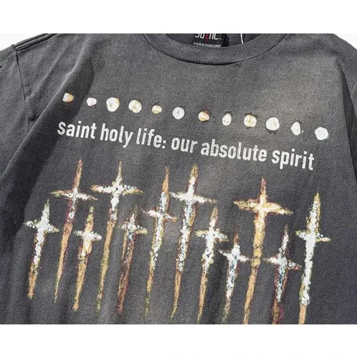 T-shirt imprimé croix pour homme et femme en coton haute qualité, décontracté, saison printemps été, design vintage délavé noir pour occasions spéciales