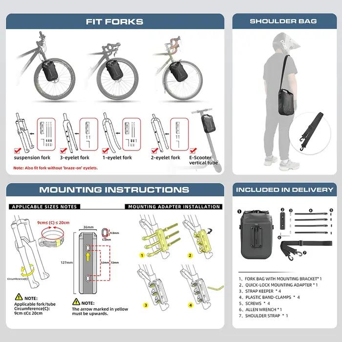 Rhinowalk vélo sac de fourche à dégagement rapide 2 pièces étanche 4L 6L vélo avant Pack montage Sco