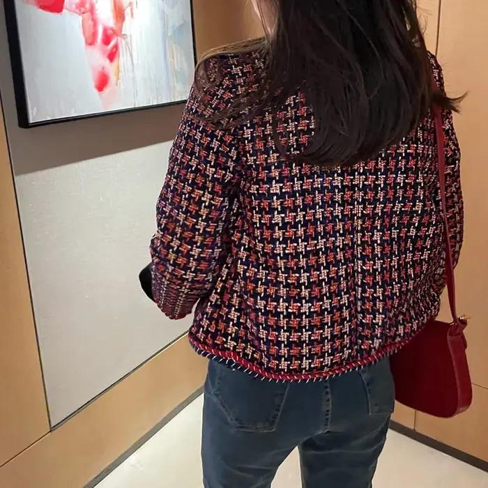 Élégant tissage Plaid femmes Blazer poche Plus velours hiver casual Tweed manteau bureau dames costu