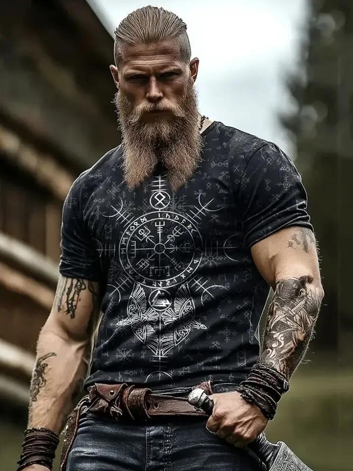 TShirt homme totem mythologie nordique impression 3D face style retro urbain haut tendance sport fitness
