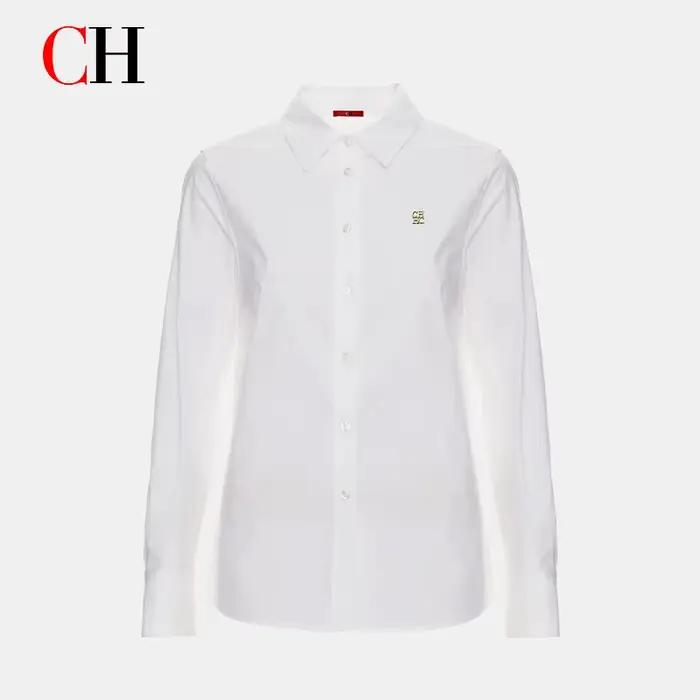 Chemise classique blanche boutonnée pour femme CH, manches longues, détail logo doré, chemisier form