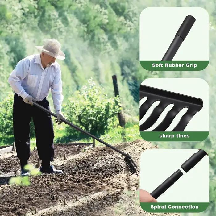 Râteau à chair de jardin avec manche Long réglable de 60 pouces, râteaux à arc en métal robuste de 17 pouces de large pour le jardinage, nivellement de la pelouse