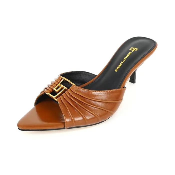 2025 nouvel été loisirs de plein air bout ouvert talons hauts GJ marque 6CM Sexy huile cuir métal boucle pantoufles mode