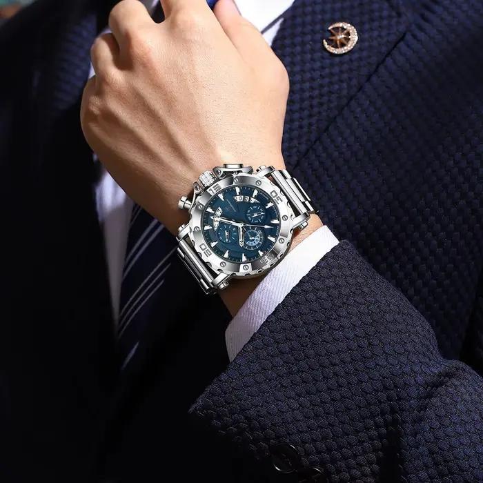 Montre POEDAGAR luxe pour homme - Chronographe étanche lumineux avec calendrier en acier inoxydable