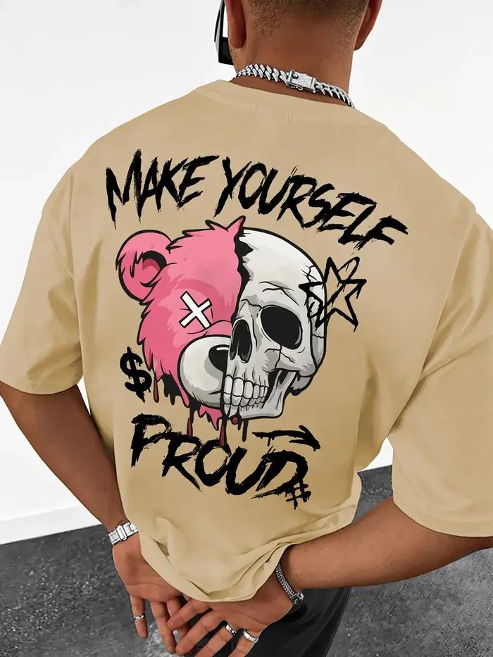 T-shirt col rond pour hommes européens et américains, imprimé crâne ours, confortable et respirant,
