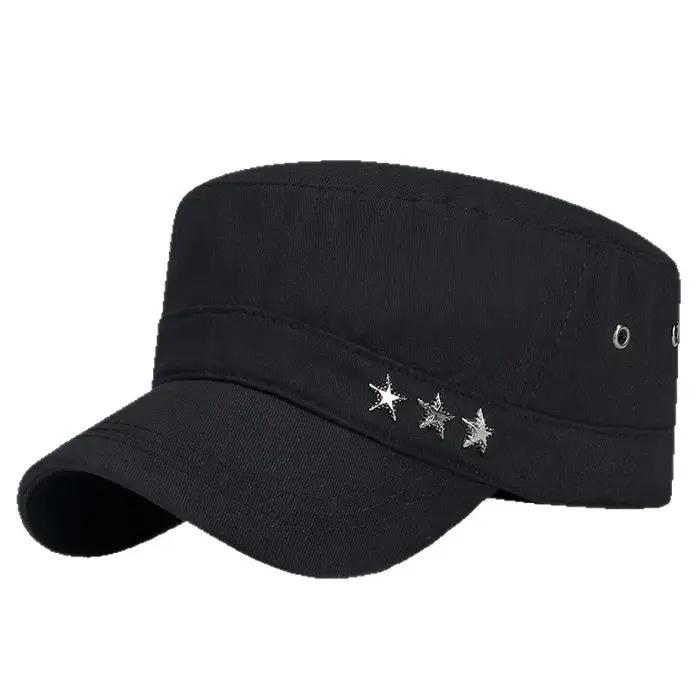 Casquettes militaires plates pour cadres militaires, pour femmes et hommes, chapeau militaire de haute qualité, chapeau de soleil noir uni, décoration étoile à cinq branches, visière