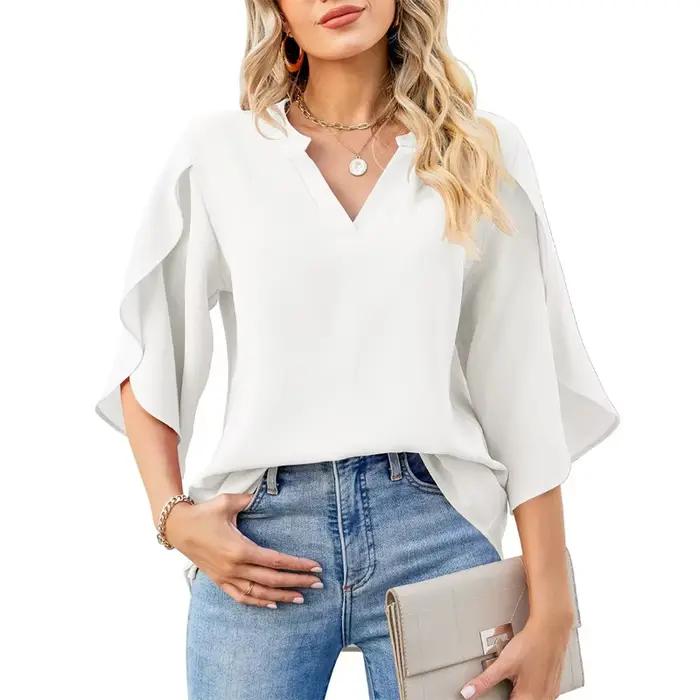 Femmes été Style chemisiers en mousseline de soie chemises dame décontracté manches courtes évasées col en v Blouse ampl