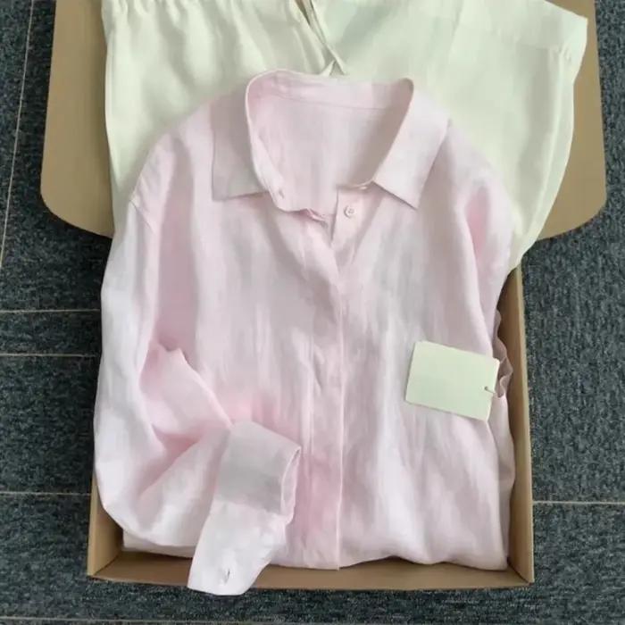 Chemise en lin français pour femmes, été, fin, ample, coton, lin, manches longues, Protection solaire, couleur Pure, haut boutonné pour femmes