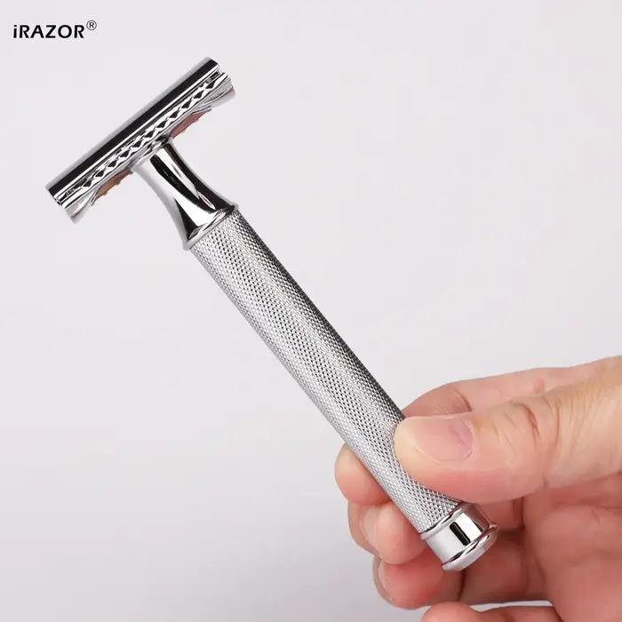 Rasoir de sécurité iRAZOR en laiton massif couleur argent pour rasage traditionnel et durable, rasoir homme, cadeau d'anniversaire ou de Noël, rasage du visage et du corps