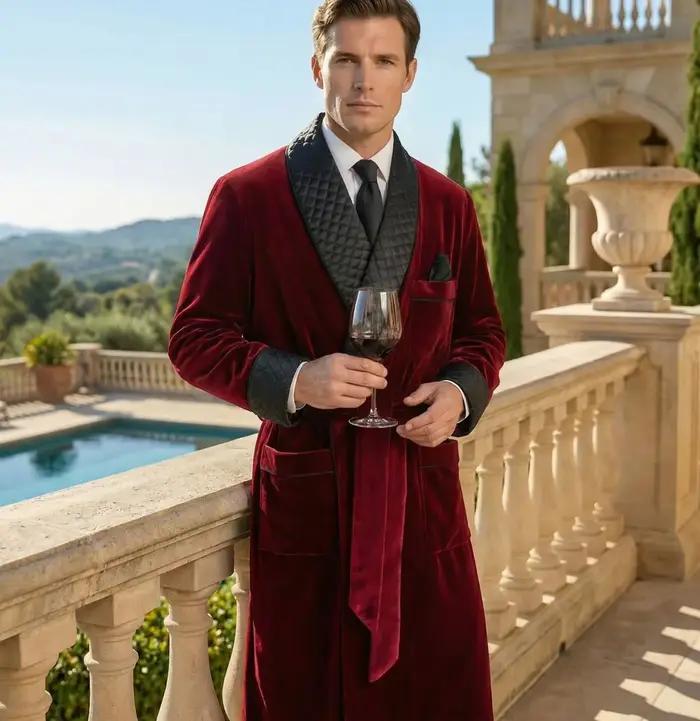 Veste longue en velours pour fumer, manteau de marié à revers châle, costume pour hommes, Blazer ave