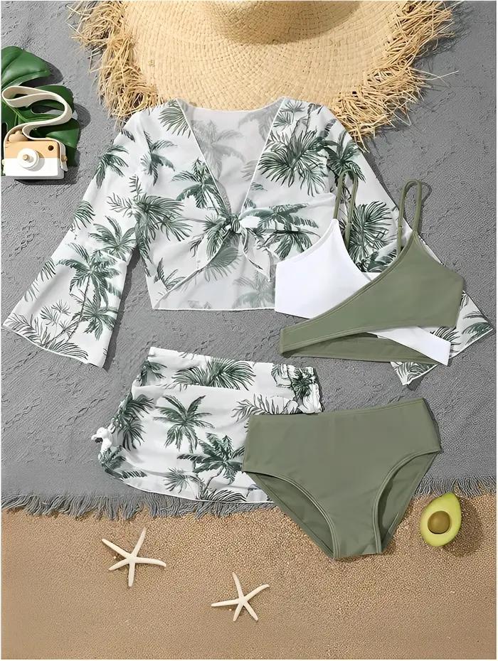 Ensemble haut de bikini et jupe taille haute avec imprimé pour filles occasions de plage et vacances