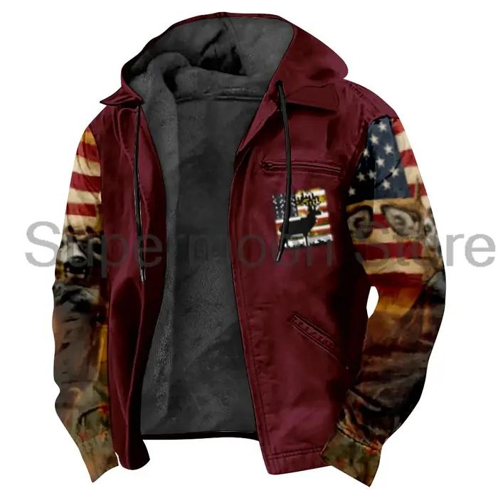 Veste de chasse homme manteau drapeau américain cerf sweat à capuche fermeture éclair manches longues streetwear parka femme vêtement extérieur hiver