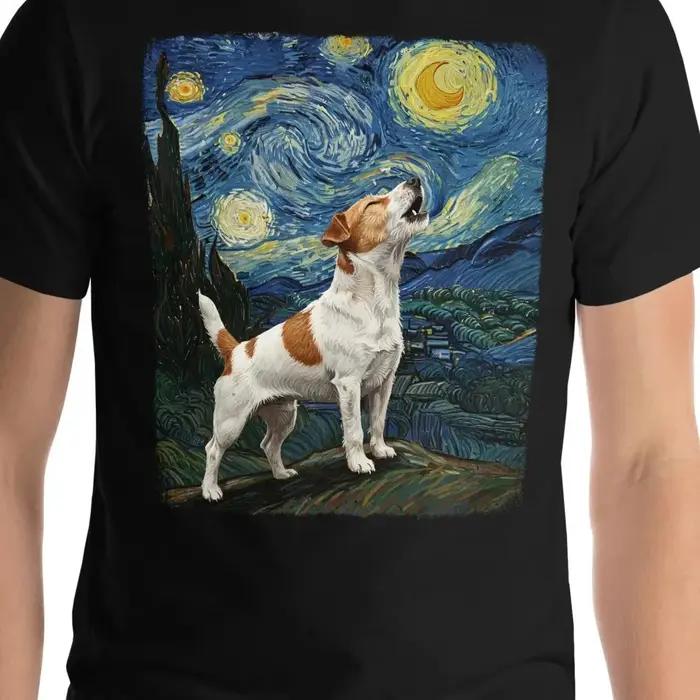 Nouveau Jack Russell chien hurlant à la lune nuit étoilée Van Gogh T-Shirt drôle t-shirts graphiques rétro Streetwear