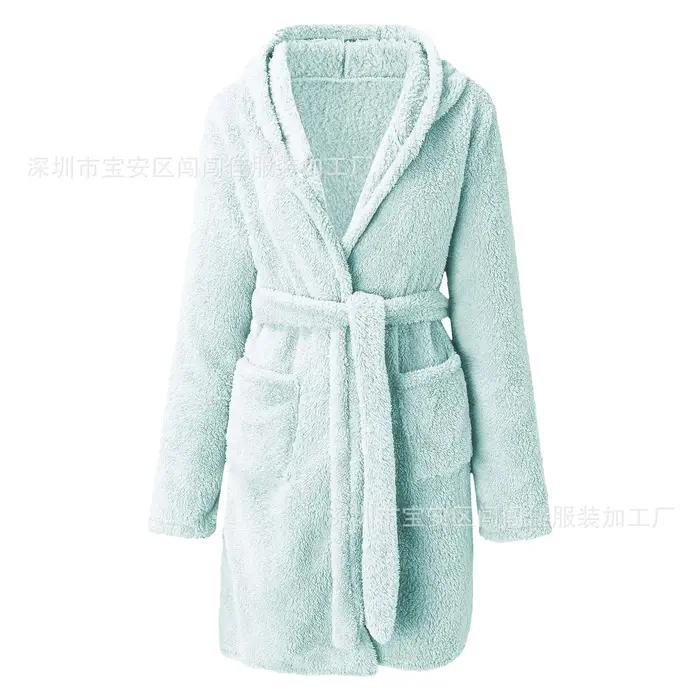 Robe de bain pour femmes, pyjama d'hiver en peluche moelleuse, Sexy, à capuche, couleur unie, peignoir chaud, vêtements de maison