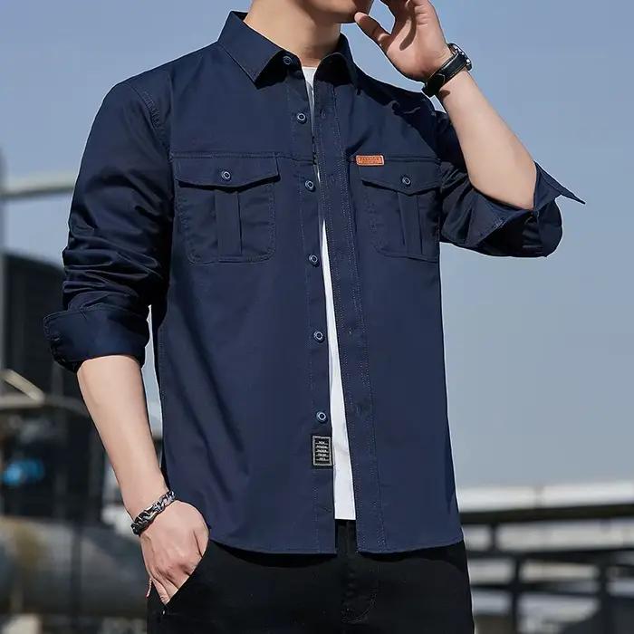 Chemise cargo homme en coton 100% style décontracté avec col rabattu pour les quatre saisons occasions quotidiennes et décontractées