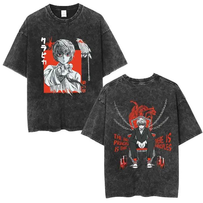 Anime Hunter X Hunter Logo Vintage lavé T-shirt Killua Gon fleur de cerisier graphique T-shirt hommes mode décontracté surdimensionné T-shirt