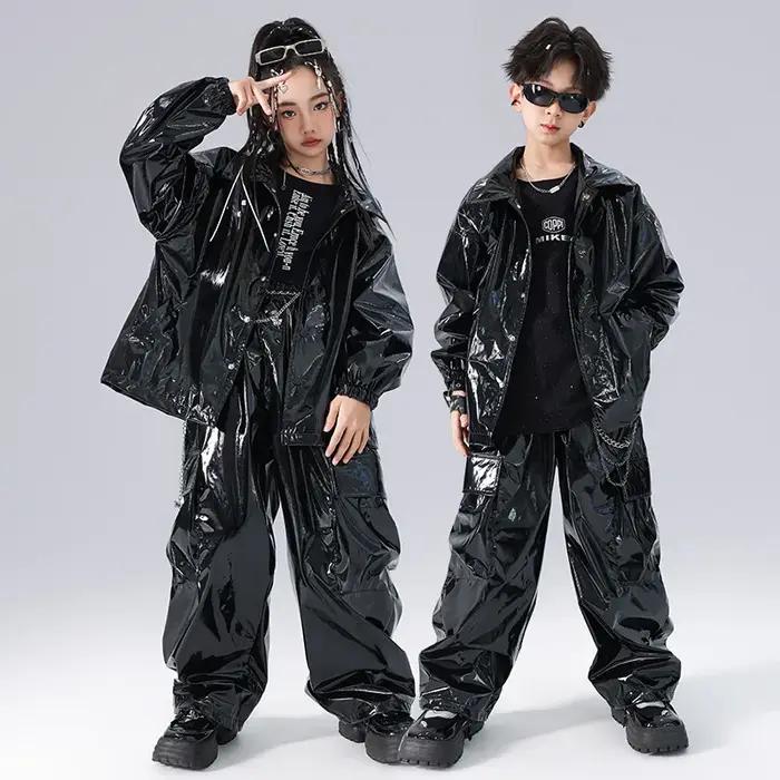 Ensembles veste et pantalon en cuir brillant pour enfants, vêtements de performance de danse sur scè
