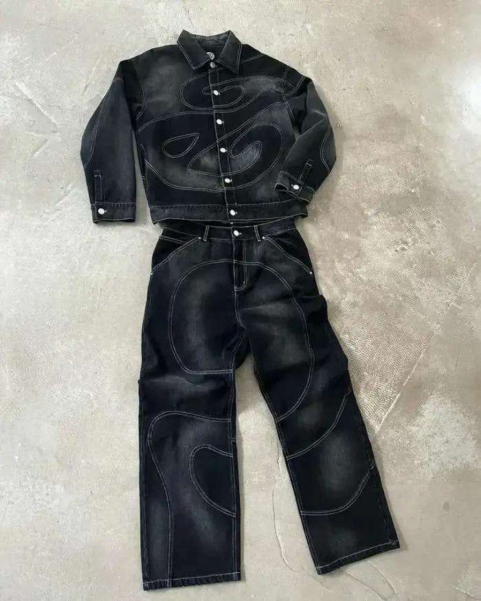 Patch Jeans Veste brodée à rayures rétro Ensemble deux pièces Costume Y2k pour hommes Harajuku hipho