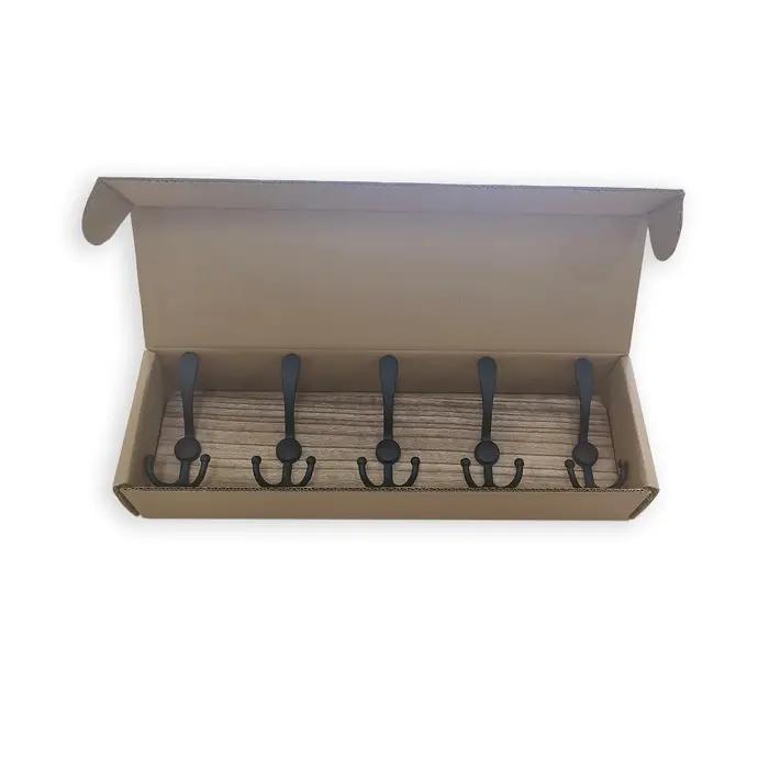 Porte-manteau mural en bois avec 5 crochets noirs, patère rustique pour vêtements, serviettes, chape