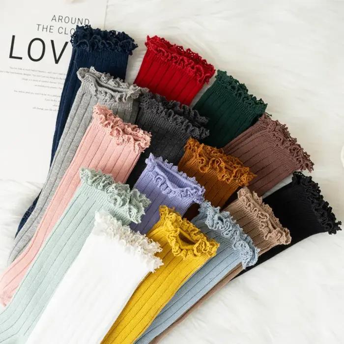 Chaussettes hautes à volants pour enfants, chaussettes longues en coton doux pour tout-petits, unifo