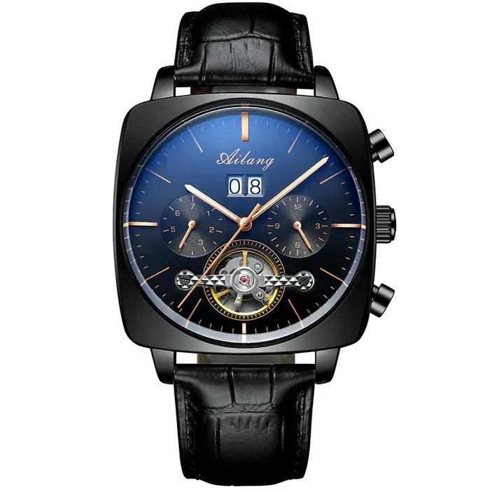 Montre-bracelet carrée suisse, montre-bracelet mécanique multifonction pour homme avec tourbillon, étanche, montre automatique pour homme