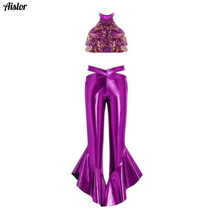 Tenue de danse latine et jazz pour filles, avec paillettes, style disco années 70, vêtements hippie,