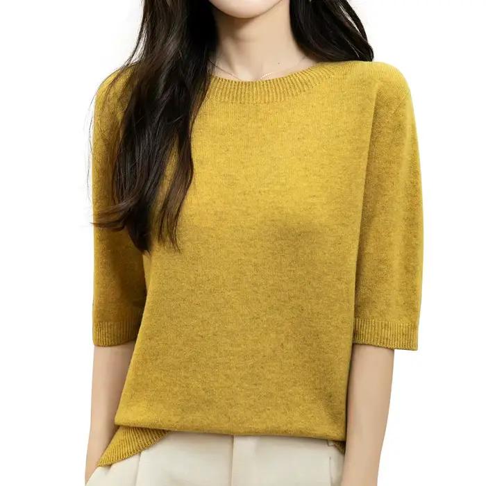 Hauts pour femmes, vêtements 100% laine mérinos, printemps automne hiver, première ligne, prêt à porter, tricoté sans couture, col rond, pull à manches courtes