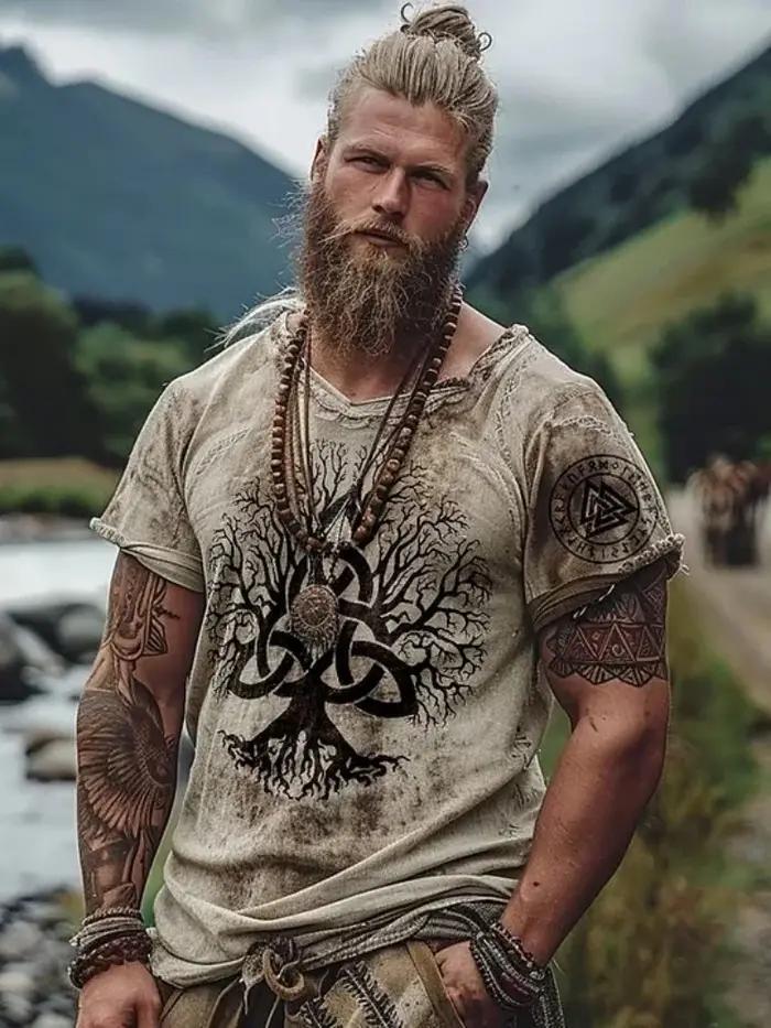 TShirt homme totem mythologie nordique impression 3D face style retro urbain haut tendance sport fitness