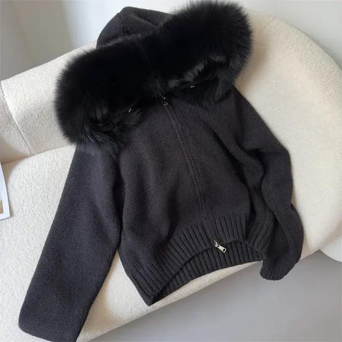 Veste courte tricotée avec manteau en fourrure naturelle pour femme