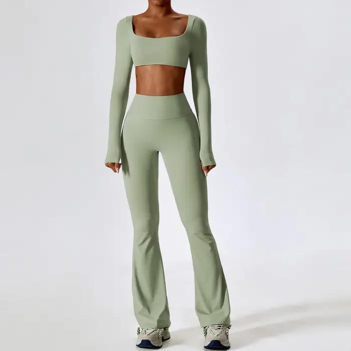 Ensemble de survêtement 2 pièces pour femme : haut court à manches longues et leggings taille haute