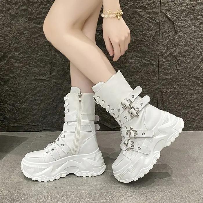Bottes à plateforme pour femmes, nouvelles bottes locomotive à boucle de ceinture à tête ronde, bottes européennes et américaines à semelles épaisses pour femmes, Botas Mujer
