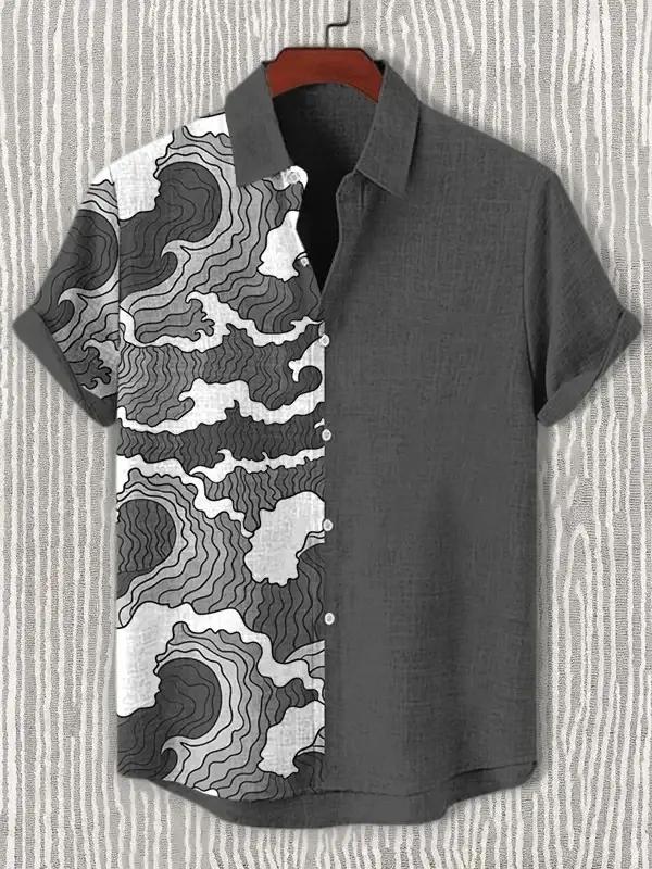 Ukiyoe Wave Print Men's Hawaiian Shirt Polyester Fabric, Summer Casual Vacation and Outdoor Wear Men