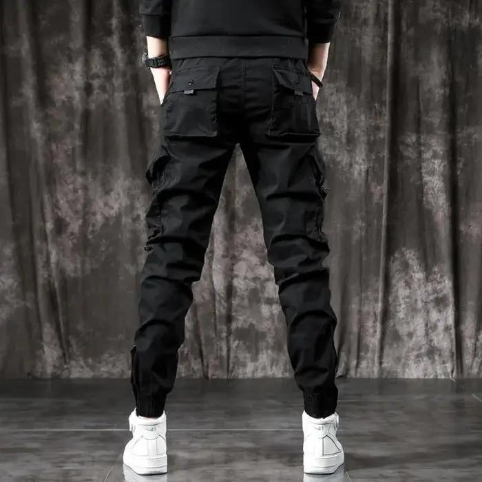 Pantalon cargo style américain noir multiple poches streetwear loose fit chasse travail
