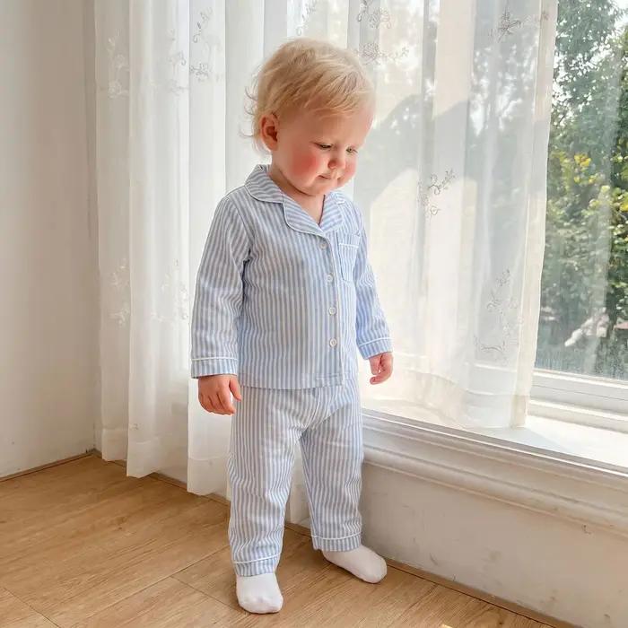 Vêtements pour enfants, ensembles de pyjama pour filles et garçons, chemises à manches longues rayées à boutons, hauts et pantalons, vêtements de nuit, tenues décontractées