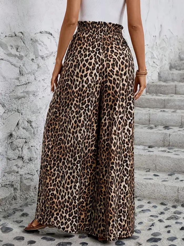 Pantalon à jambes larges imprimé léopard pour femmes taille haute confortable toutes saisons
