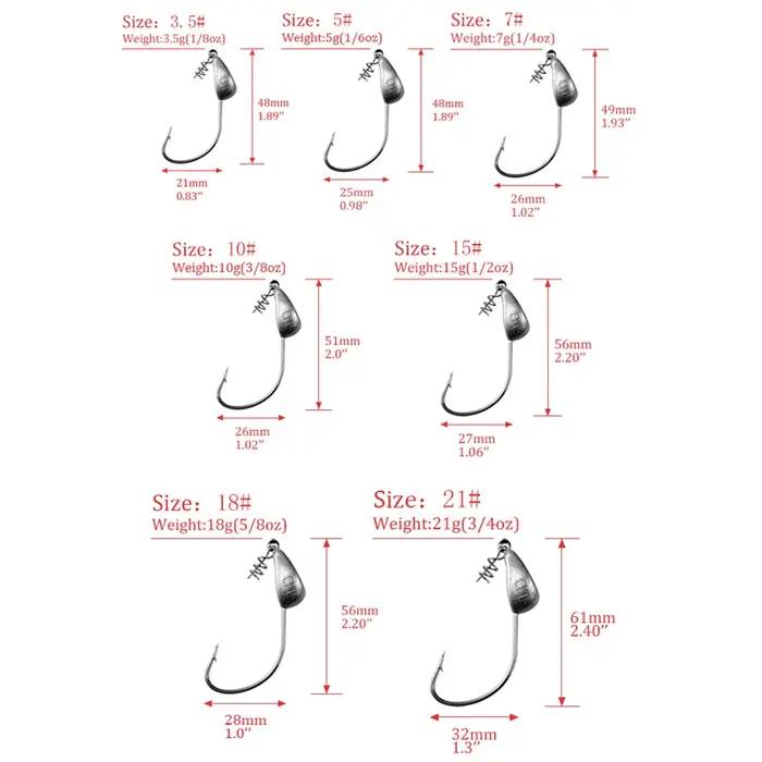Lot de 5 hameçons de pêche à tête vissée, 3.5/5/7/10/15/18/21g