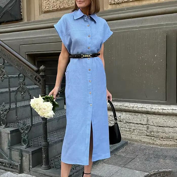 Robe longue d'été élégante pour femme en coton et lin, taille haute, à lacets, style chemise à rever