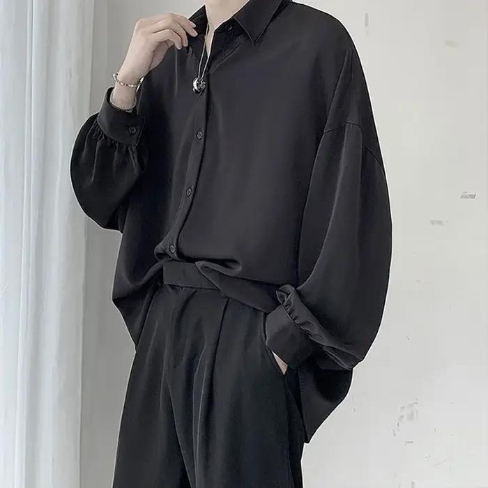 Chemises à manches longues pour hommes de Style coréen cravate noire confortable décontracté solide