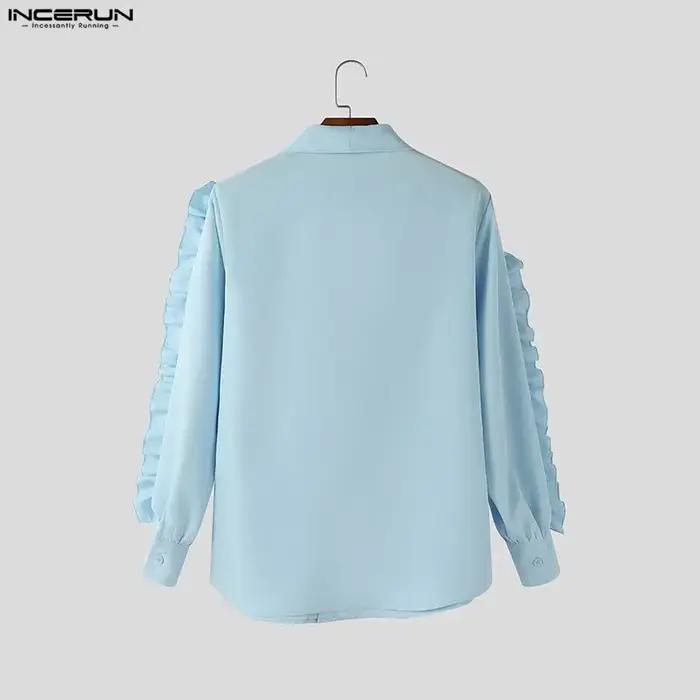 INCERUN hommes chemise couleur unie revers à manches longues à volants décontracté hommes vêtements