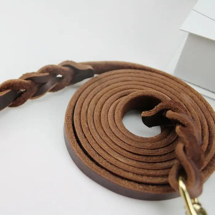 Laisse longue tressée en cuir véritable pour chiens