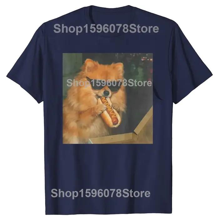T-shirt à manches courtes pour hommes et femmes, 100% coton, avec image de chien Pomeranian mangeant une hot-dog, humoristique