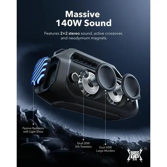 Haut-parleur extérieur HON2 Plus, 140W, 2 + 2 canaux, BassUp 2.0, 20H, Charge rapide, Étanche IPX7,