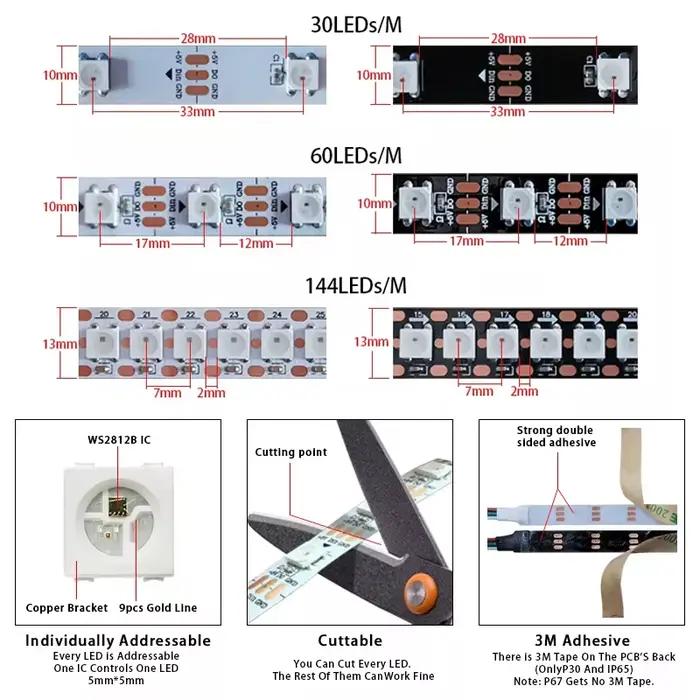 Bande lumineuse numérique adressable RGB, 1M, WS2812B, DC 5V, 0.3W/LED, 30/60/144, lampe, noir et bl
