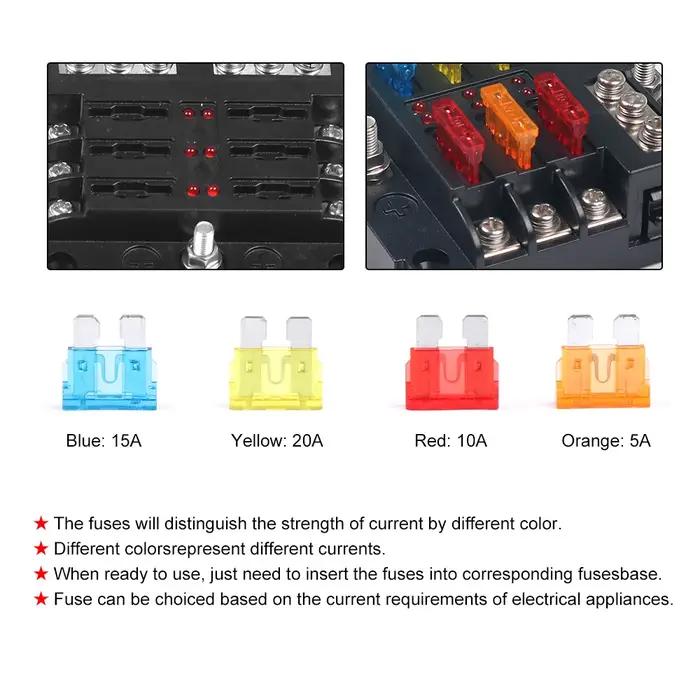 Boîte à fusibles à lame de bateau de voiture à 6 ou 12 voies, support de bloc, indicateur LED 12V 32