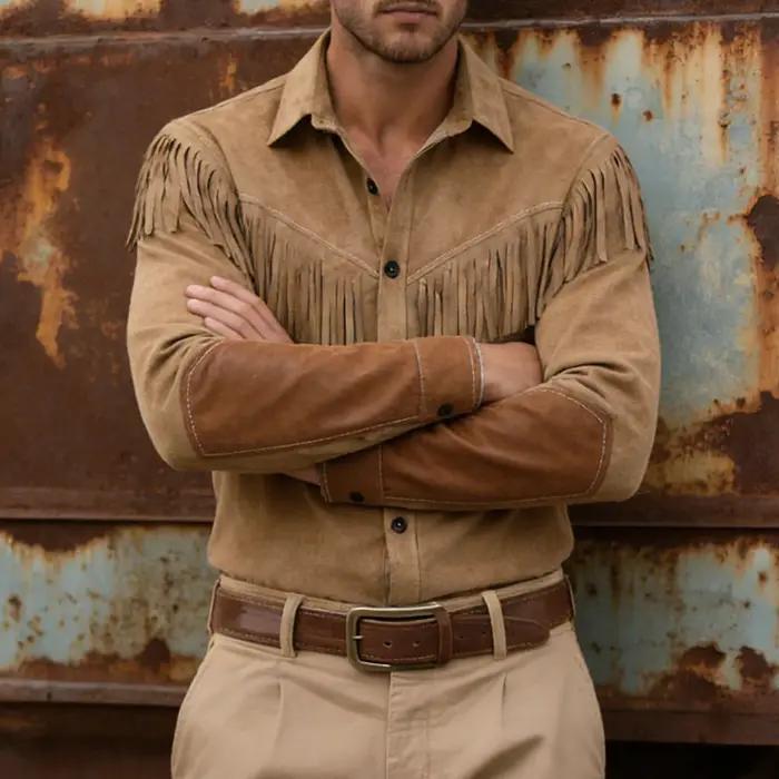 Costume de cowboy pour hommes, chemises de cowboy, cardigan décontracté en daim imitation avec franges, vestes boutonnées, chemises à manches longues, mode masculine
