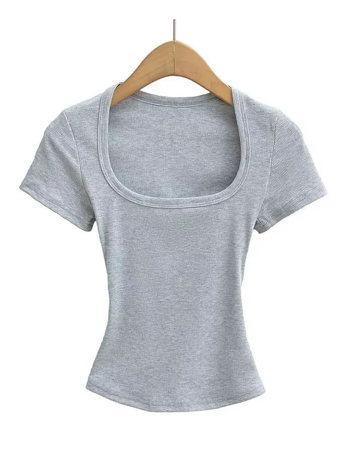 Haut court d'été à col carré pour femmes, haute élasticité, manches courtes, sexy, coupe cintrée, pu