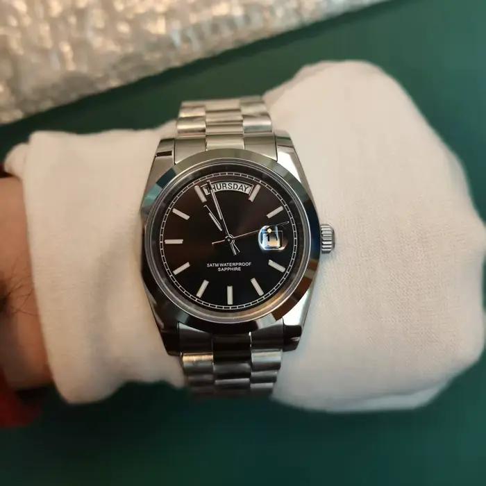 Montre homme élégante boîtier 36mm acier inoxydable verre saphir étanche 50m mouvement quartz