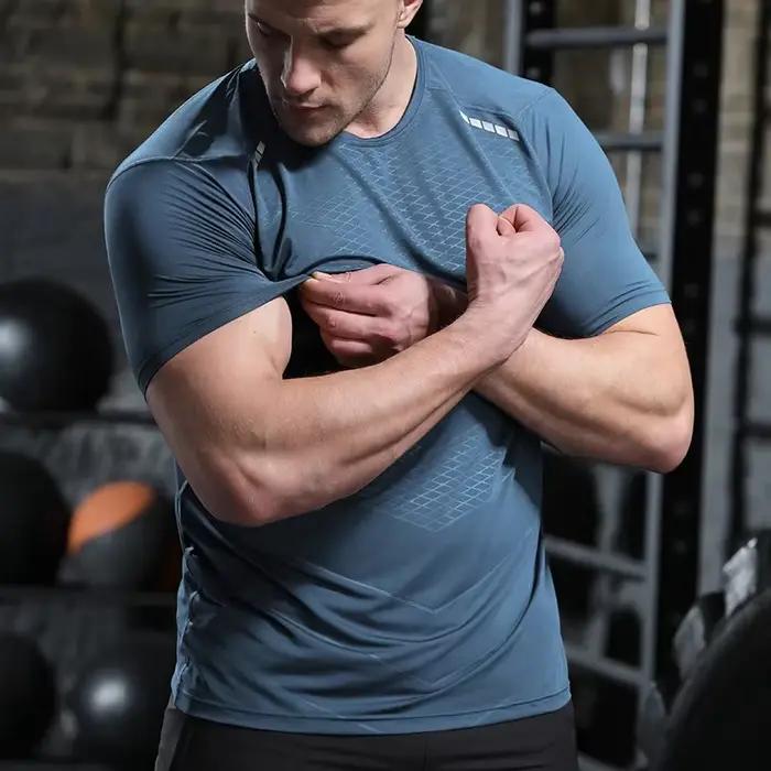 Hommes mince glace soie hauts course à manches courtes sport T-shirt gymnase Fitness entraînement mu